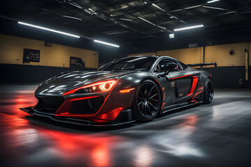 A black and red sports car is parked in a garage. The car has a carbon fiber body and red lights on the front. The background is a wall with a few signs.