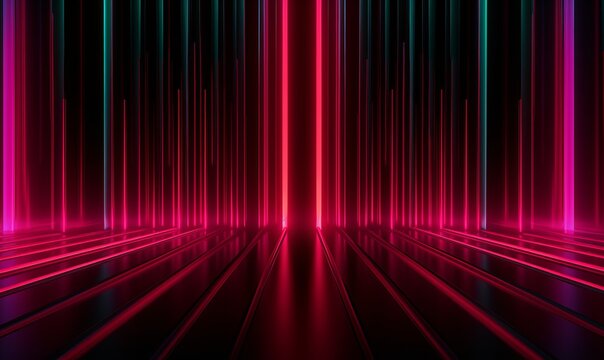  visually striking 3D rendering of an abstract neon-lit corridor. It features vertical beams of light that stretch from the floor to the ceiling, glowing in shades of pink and green against a dark bac