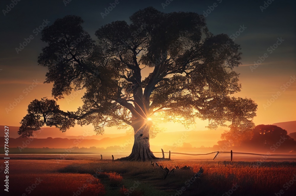 Poster majestic oak tree standing tall in the vast open field generative ai
