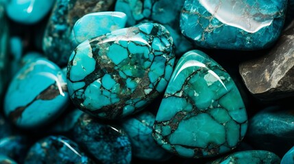 close-up of various polished turquoise stones with distinct blue and green tones, intermixed with brown and golden matrix patterns throughout the stones.