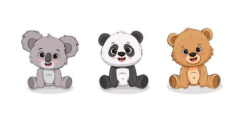 teddy bear cartoon set. Cute koala, panda cub, brown bear sitting. Animals isolated on white backgrtound. 
