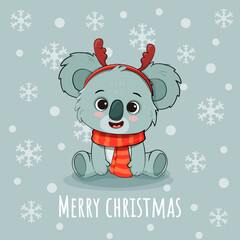 Cute cartoon koala cub isolated on blue-gray background. Christmas card with koala bear in red scarf .  © Alina