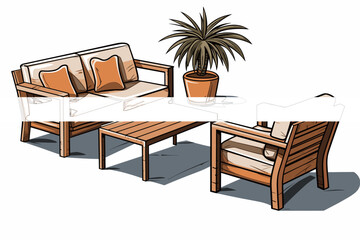 Simple wood colored line art illustration of patio furniture set isolated on white