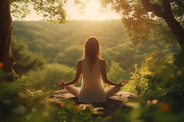 Healthy lifestyle, states of mind concept. Woman meditating or making yoga in dense jungles and illuminated with sun light - obrazy, fototapety, plakaty