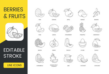 Fruits and berries whole and sliced, set of line icons in vector, editable stroke. Avocado and coconut, lime and dragon fruit, pitahaya and carambola, guava and lychee, papaya and grape, melon