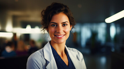 Naklejka premium Smiling female doctor standing in hospital background - ai generative