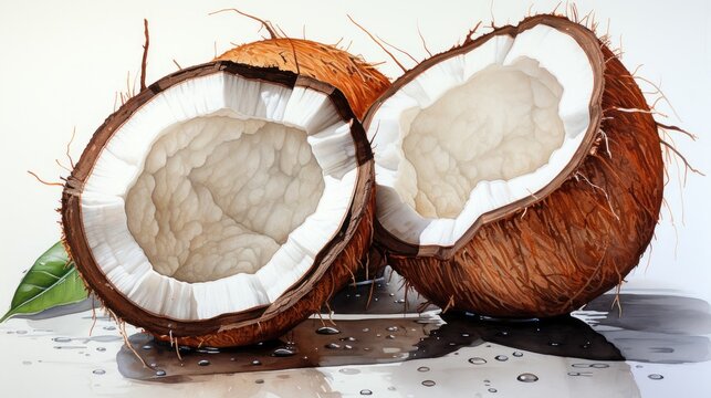 Delicious fresh ripe coconut split into two parts on a white background