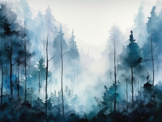 Forest in the Fog, Watercolor. Pine or Fire Trees in Mist. Foggy nature landscape