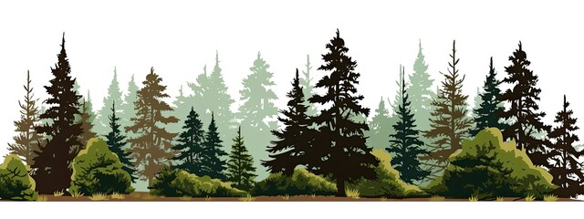 Pine Trees Silhouettes.Evergreen coniferous forest soil - obrazy, fototapety, plakaty