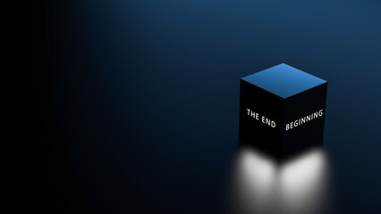 Cube with glowing words THE END and BEGINNING, copy space. Text the end, beginning cube with space to copy text, banner. 3D render - obrazy, fototapety, plakaty