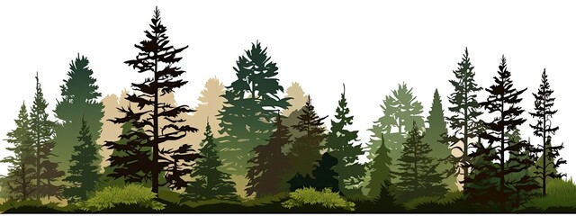 Pine Trees Silhouettes.Evergreen coniferous forest soil - obrazy, fototapety, plakaty