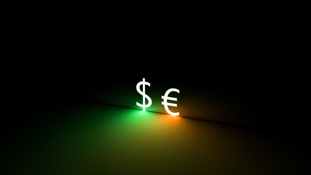 EUR and USD. Neon glowing euro and dollar symbols. Exchange rates, financial concept, banner. 3D render