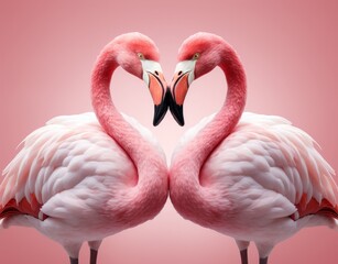Obraz premium Two Flamingos Creating a Romantic Heart Shape With Their Graceful Necks. Two Graceful Flamingos Embracing Elegantly on a Vibrant Pink Canvas