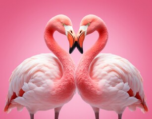 Two Flamingos Creating a Romantic Heart Shape With Their Graceful Necks. Two Graceful Flamingos Embracing Elegantly on a Vibrant Pink Canvas