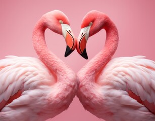 Naklejka premium Two Flamingos Creating a Romantic Heart Shape With Their Graceful Necks. Two Graceful Flamingos Embracing Elegantly on a Vibrant Pink Canvas