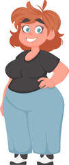 Fat woman posing and smiling. Cute overweight girl, body positivity theme. Cartoon style