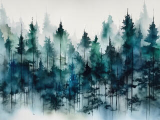 Forest and Mountains in the Fog, Watercolor. Pine or Fire Trees in Mist. Abstract nature landscape