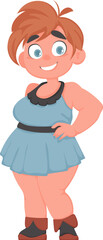 Fat woman posing and smiling. Cute overweight girl, body positivity theme. Cartoon style