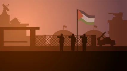 Poster Palestine military base landscape vector illustration. Silhouette of army salute to palestine flag in military base. Military illustration for background, wallpaper, issue and conflict © Moleng