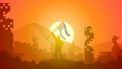 Obraz premium Palestine landscape vector illustration. Silhouette of man holding palestine flag in the destroyed city. Landscape illustration of war for social issues, news, support or conflict