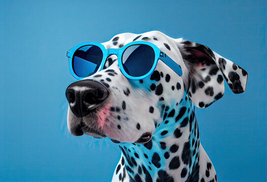 comical photo Dalmatian Dog in blue sunglasses on studio background