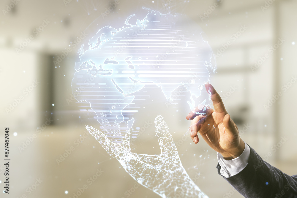 Poster multi exposure of man hand working with abstract graphic world map on blurred office background, con