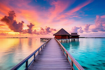 Obraz premium Sunset at a wooden pier and opulent water villa resort on the Maldives island Gorgeous beach, sky, and clouds as a backdrop for a summer trip and travel idea 