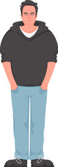 A guy in a sweatshirt and jeans poses with his hands in his pockets. Cartoon style