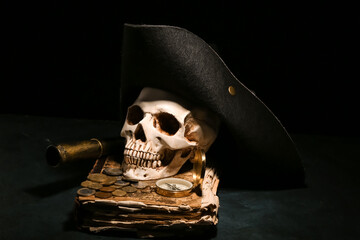 Human skull with old manuscripts, travel equipment, pirate hat and coins on black background