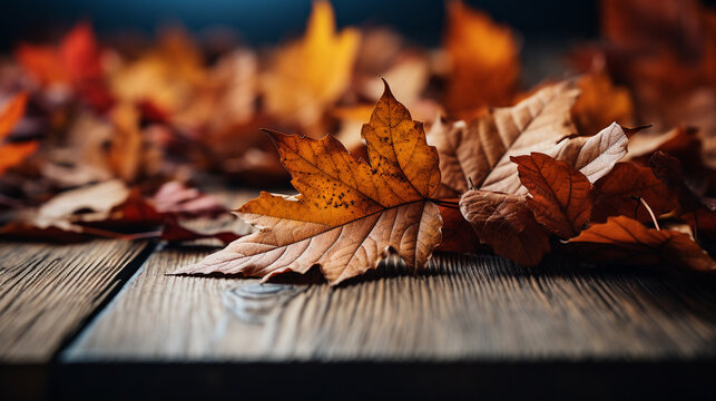 autumn leaves on wood HD 8K wallpaper Stock Photographic Image 