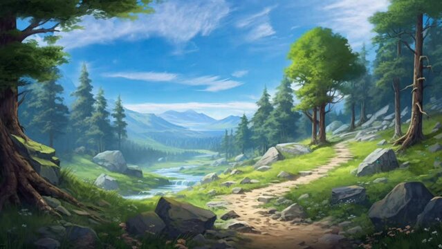 Morning in the forest with butterflies and clouds moving in the blue sky. Cartoon or anime illustration style. seamless looping virtual video animation background. Generated with AI
