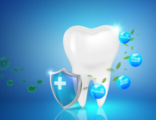 Concept of a tooth shield protecting teeth from bacteria and germs. Helps keep teeth white, clean, and fresh-smelling. Advertising media for toothpaste, mouthwash, fluoride, dentistry. EPS file.