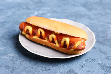 Plate with tasty hot dog on blue background