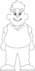 Black and white line art, Fat man posing and smiling. Overweight guy is cute, body positivity theme. Coloring style