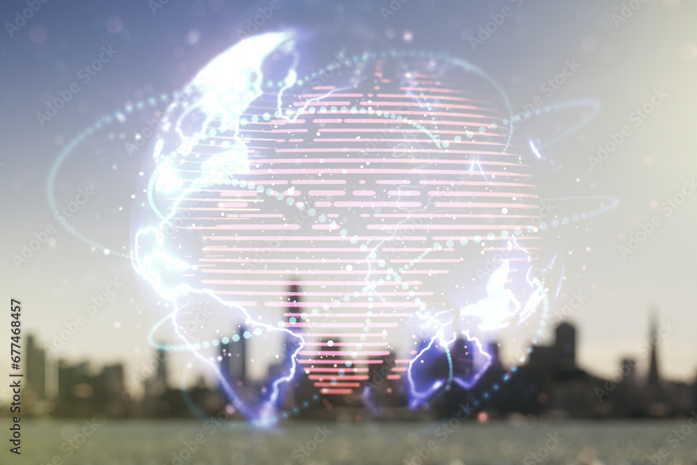 Poster double exposure of abstract digital world map hologram with connections on blurry office buildings b