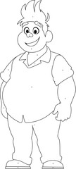Black and white line art, Fat man posing and smiling. Overweight guy is cute, body positivity theme. Coloring style
