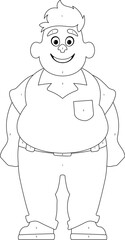 Black and white line art, Fat man posing and smiling. Overweight guy is cute, body positivity theme. Coloring style