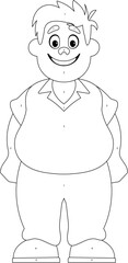 Black and white line art, Fat man posing and smiling. Overweight guy is cute, body positivity theme. Coloring style