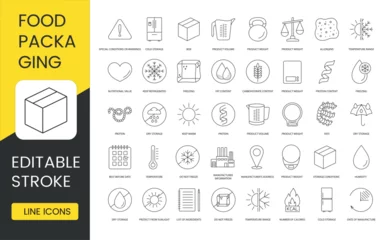 Poster Food Packaging Marks, Vector Line Icons Set, Editable Stroke, Product Weight and Volume, Allergens, List of Ingredients, Special Conditions or Warnings, Manufacturer Address, Manufacturer Information © GrandDesign