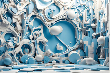 Textured intricate 3D wall in light blue and white tones. Beautiful futuristic Geometric background for your presentation