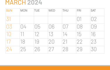 Calendar March 2024, corporate design template vector. Desk calendar 2024