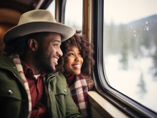 A cheerful couple is seen enjoying a train ride, car bus van, gazing out of a window at the snowy landscape. Both are dressed in warm winter clothing, with the man wearing a hat.