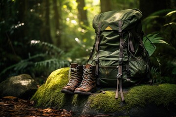 Hiking boots and backpack in the forest. Travel and adventure concept