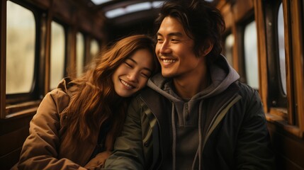  a couple dating sharing a moment of laughter riding on a train bus van car, leaning into each other with a sense of ease and joy, as light filters through the windows.