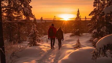 A couple behind as they walk holding hands through a snow-laden forest towards a breathtaking sunset. The sky is ablaze with hues of orange and yellow, while the snow reflects the sun's dying light