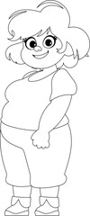 Black and white line art, Fat woman posing and smiling. Cute overweight girl, body positivity theme. Coloring style