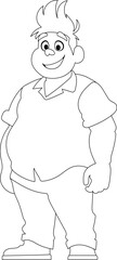 Black and white line art, Fat man posing and smiling. Overweight guy is cute, body positivity theme. Coloring style