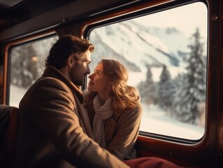 A couple riding a bus train taxi van car, is closely facing each other, foreheads nearly touching, bearded, brown coat, gazes intently. She, with a scarf and a beige coat, snowy mountain scene outside