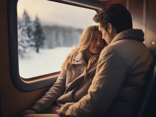 couple riding a bus train taxi van car, warm and intimate connection, wintry forest passing by the window wraps the scene in a quiet, snowy ambiance
