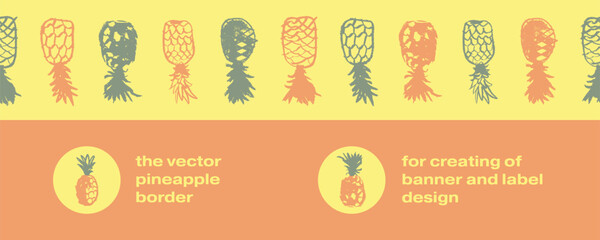 Beautiful banner and label template with pineapple border. Vector pineapples seamless pattern. Crayon pineapple drawings in naive hand-drawn style. Tropical frame with ananas borderline.